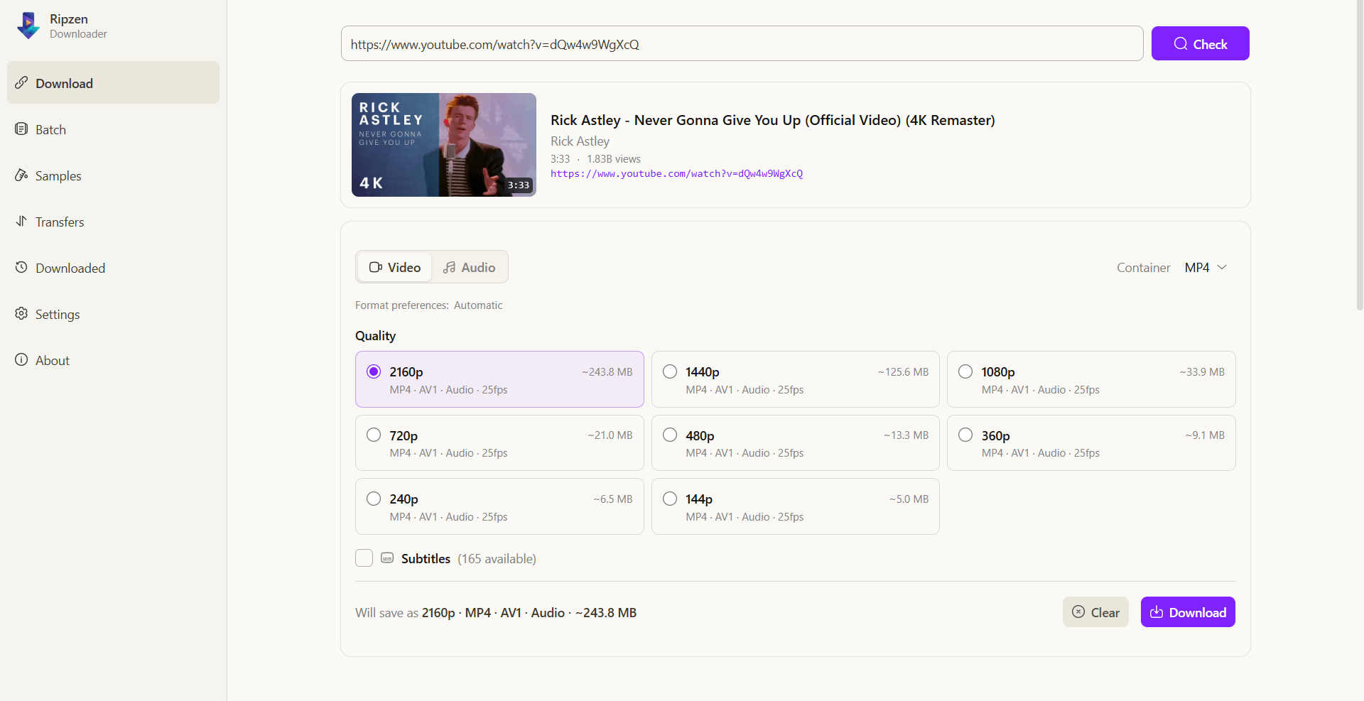 AX Downloader's download screen with a YouTube video loaded and 2160p quality selected